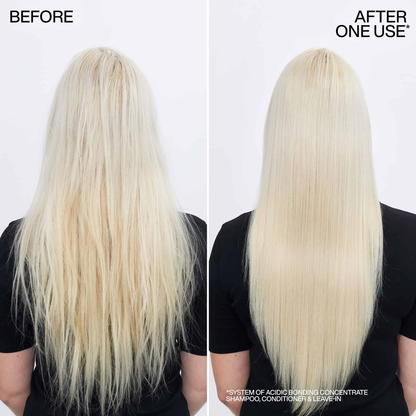 Before and after comparison of blonde hair color treatment on a person with a white background.