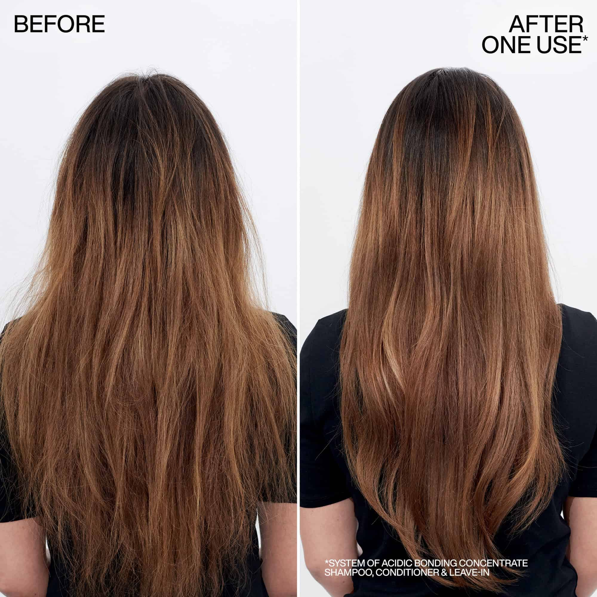Before and after comparison of hair treatment showing improved texture and length.