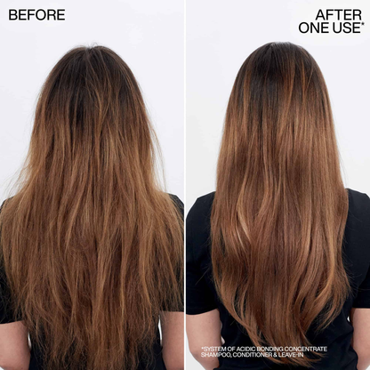 Before and after comparison of hair treatment showing improved texture and length.