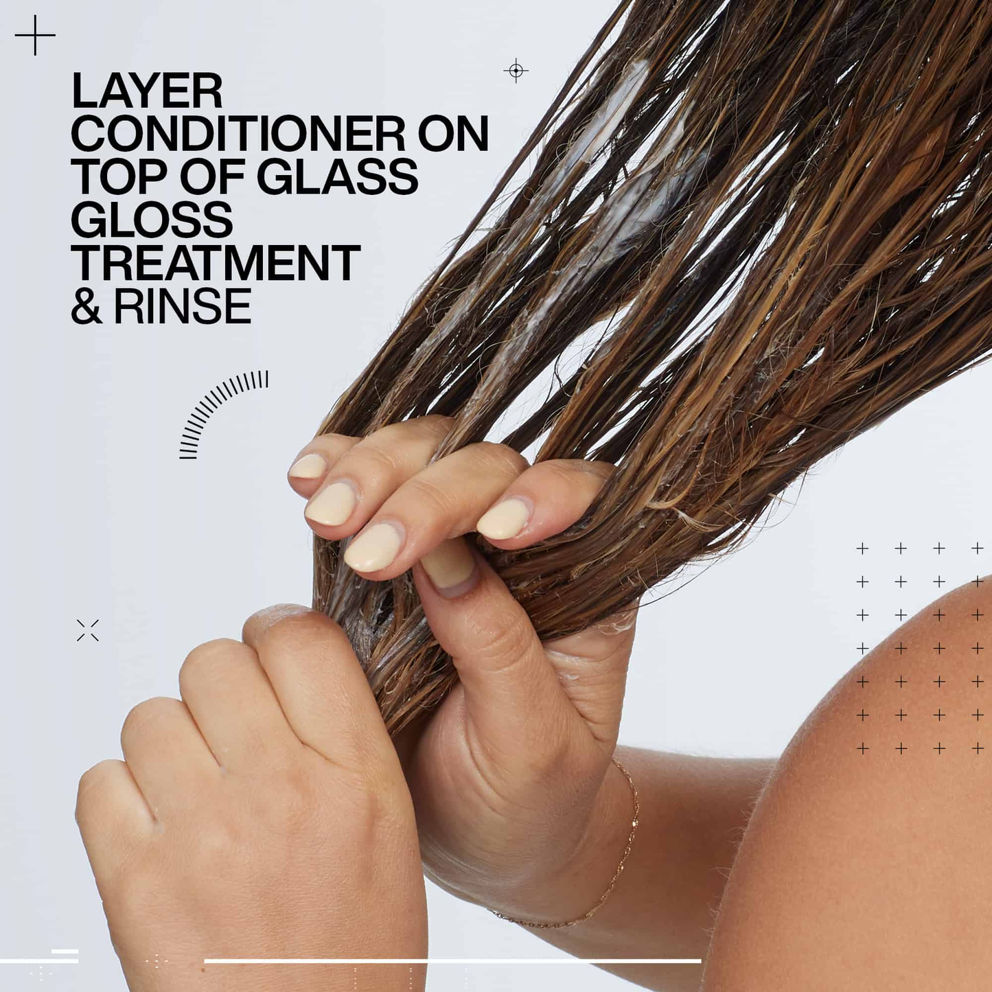 Hair care instructions with hands holding wet hair against a light background