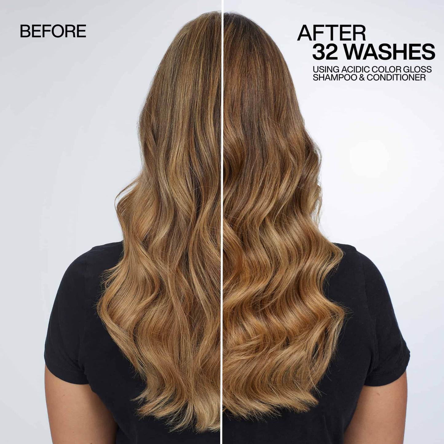 Before and after comparison of hair color treatment with text indicating washes and product use.