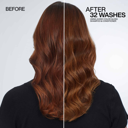 Before and after comparison of hair color after 32 washes using a specific product.
