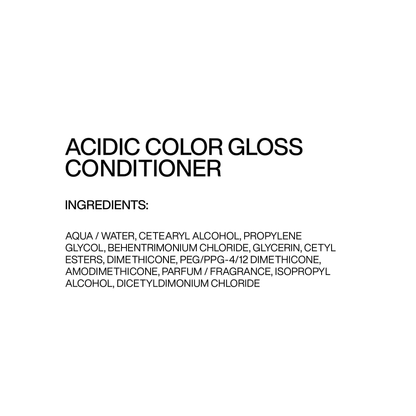 List of ingredients for acidic color gloss conditioner on a white background
