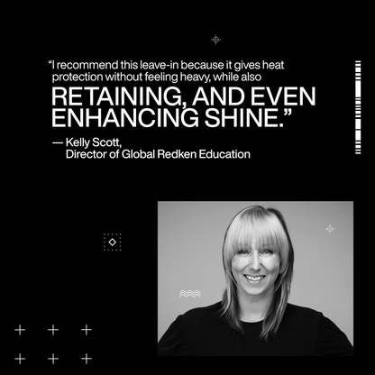 Black and white image with a quote from Kelly Scott, Director of Global Redken Education, on a black background.