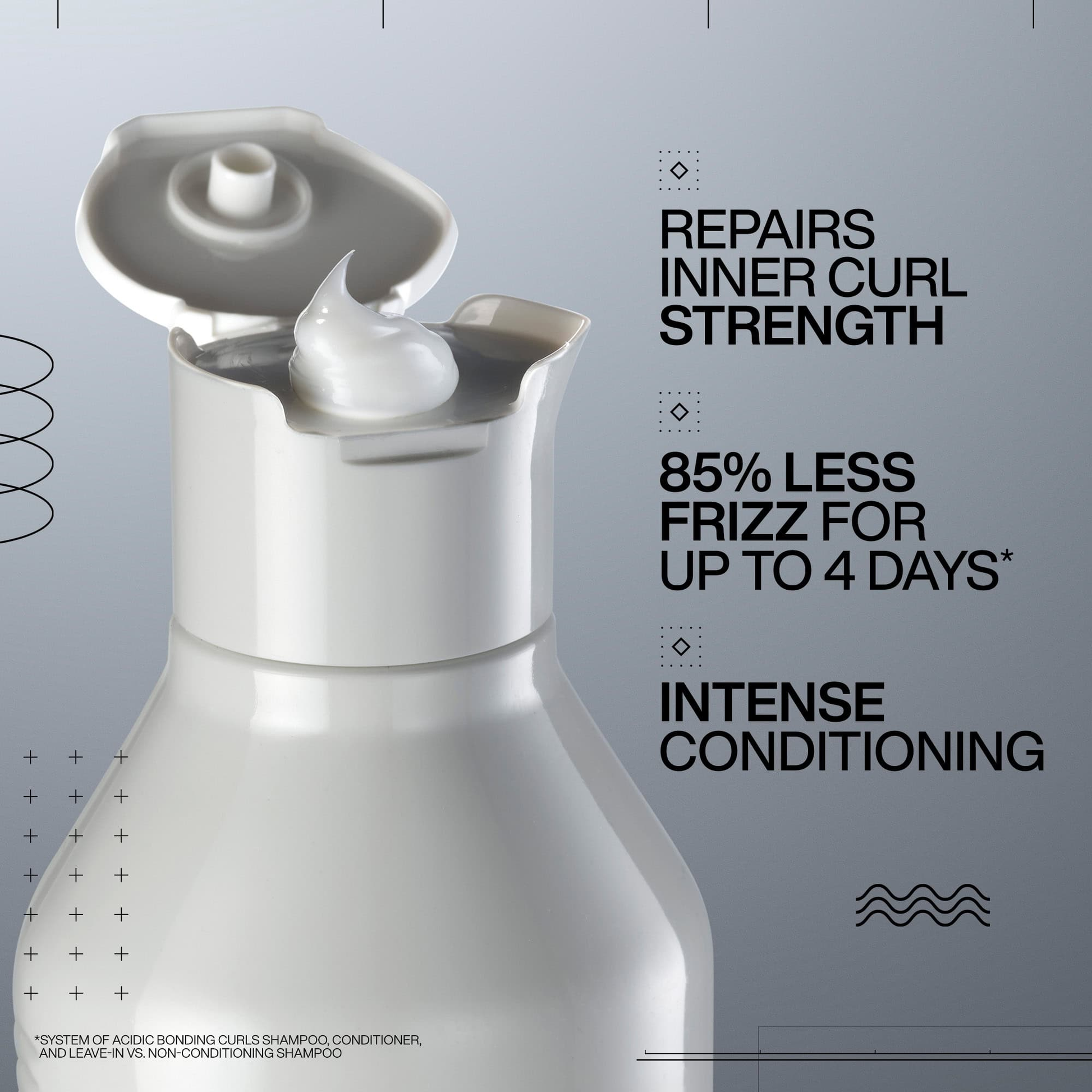White bottle of hair care product with text on a gray background