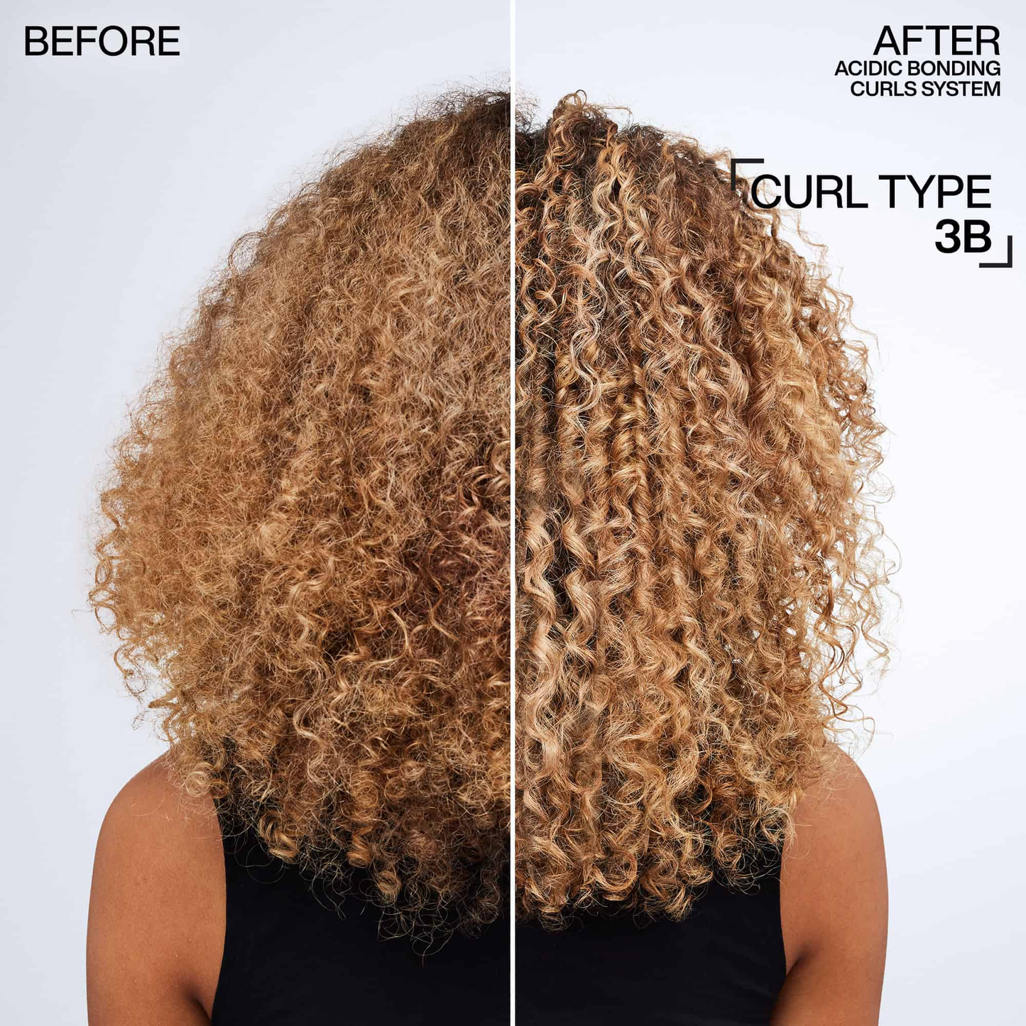 Before and after comparison of curly hair with text indicating a curl type system.