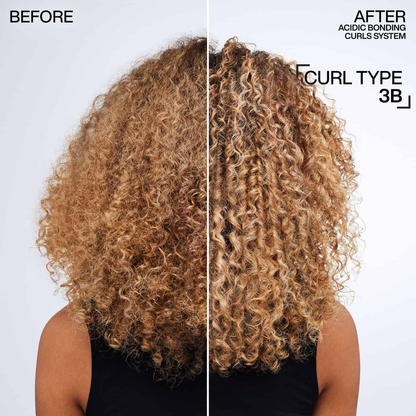 Before and after comparison of curly hair with text indicating a curl type system.