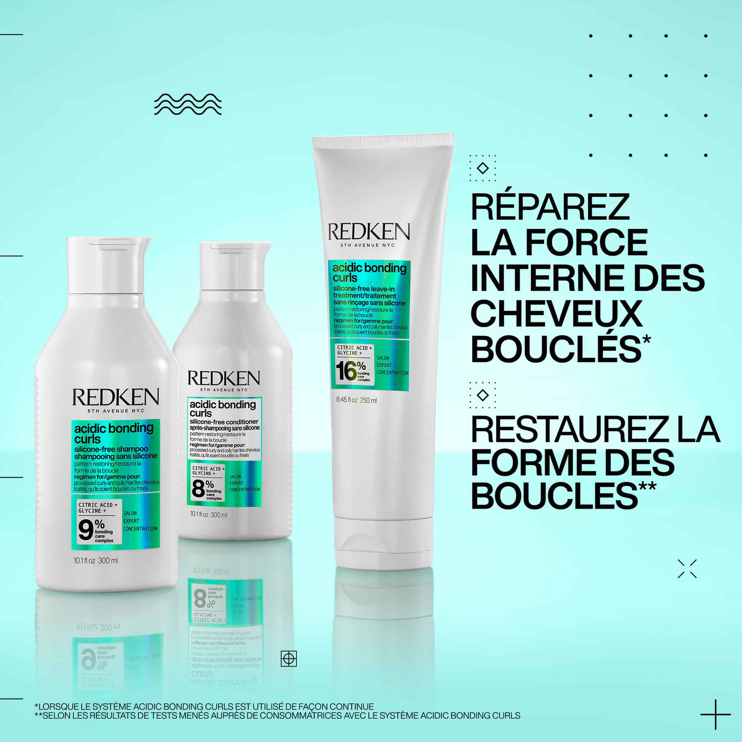 Redken hair care products on a light blue background with text in French.