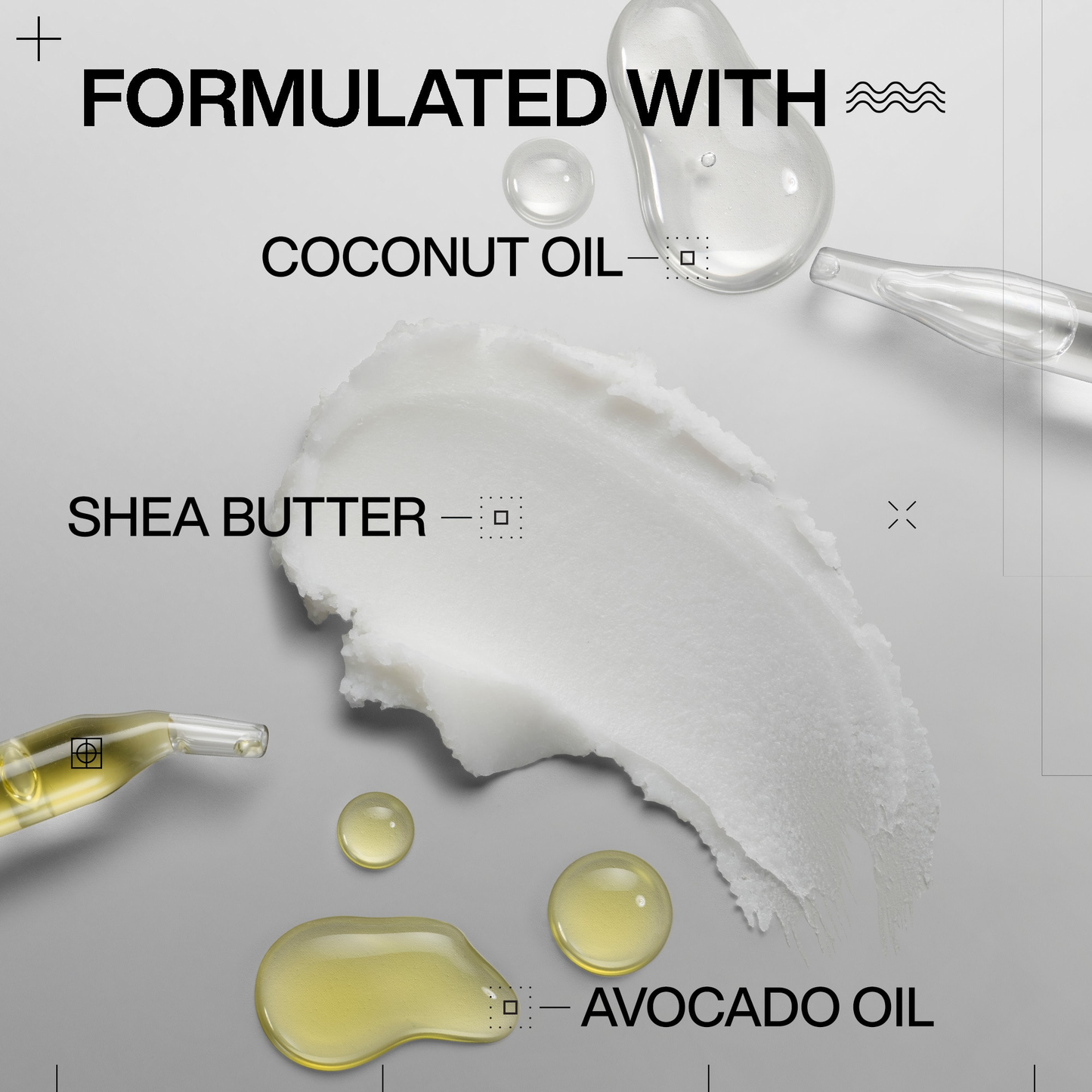Skincare product with coconut oil, shea butter, and avocado oil on a gray background