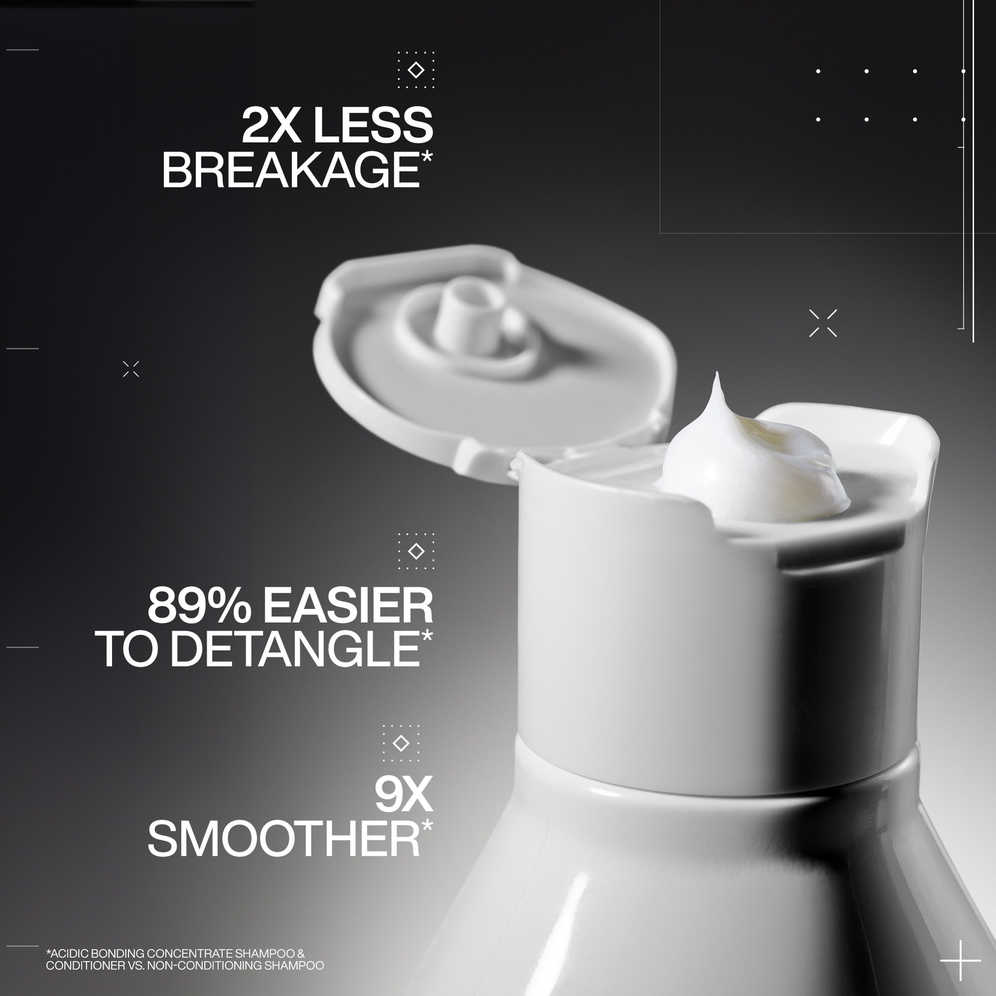 Shampoo bottle with white shampoo on a dark background, featuring text about shampoo benefits.