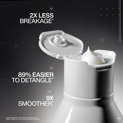 Shampoo bottle with white shampoo on a dark background, featuring text about shampoo benefits.