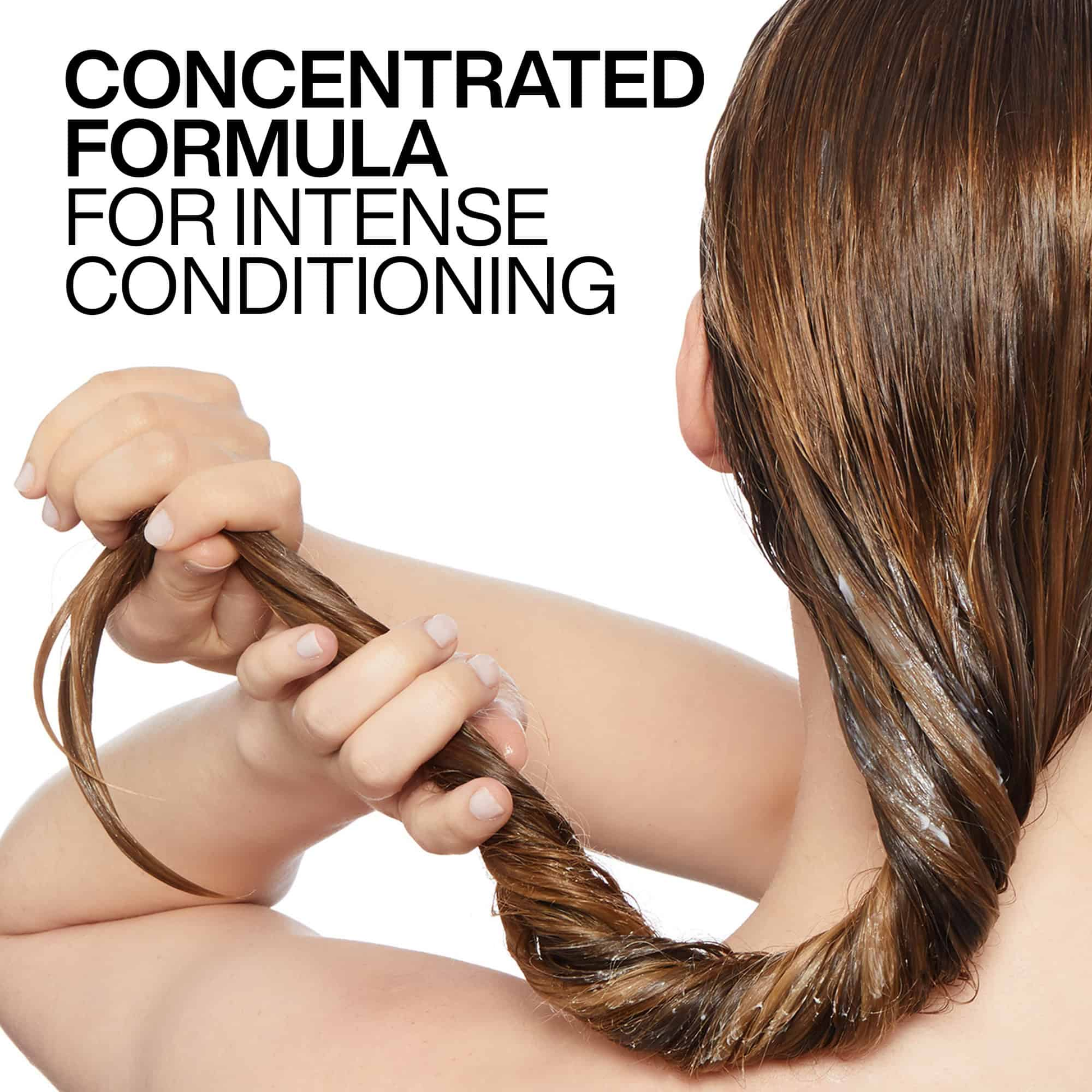 Person holding conditioned hair with text 'Concentrated Formula for Intense Conditioning' on a white background