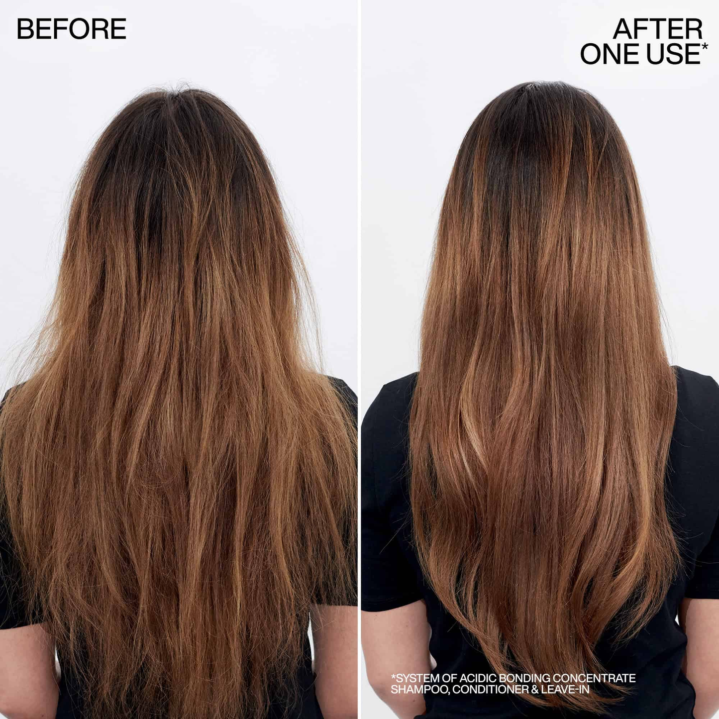 Before and after comparison of hair treatment showing improved texture and length.