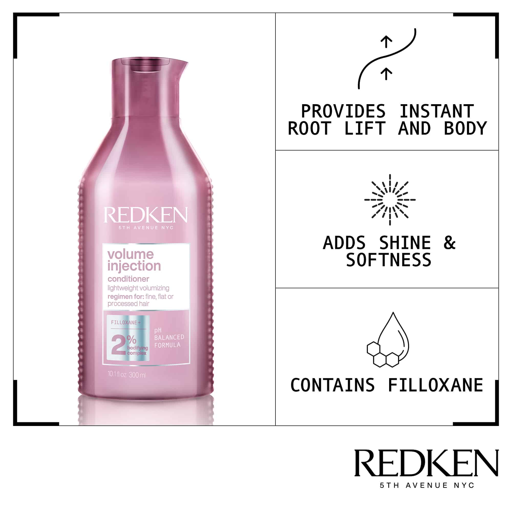 Redken Volume Injection conditioner bottle with product features on a white background