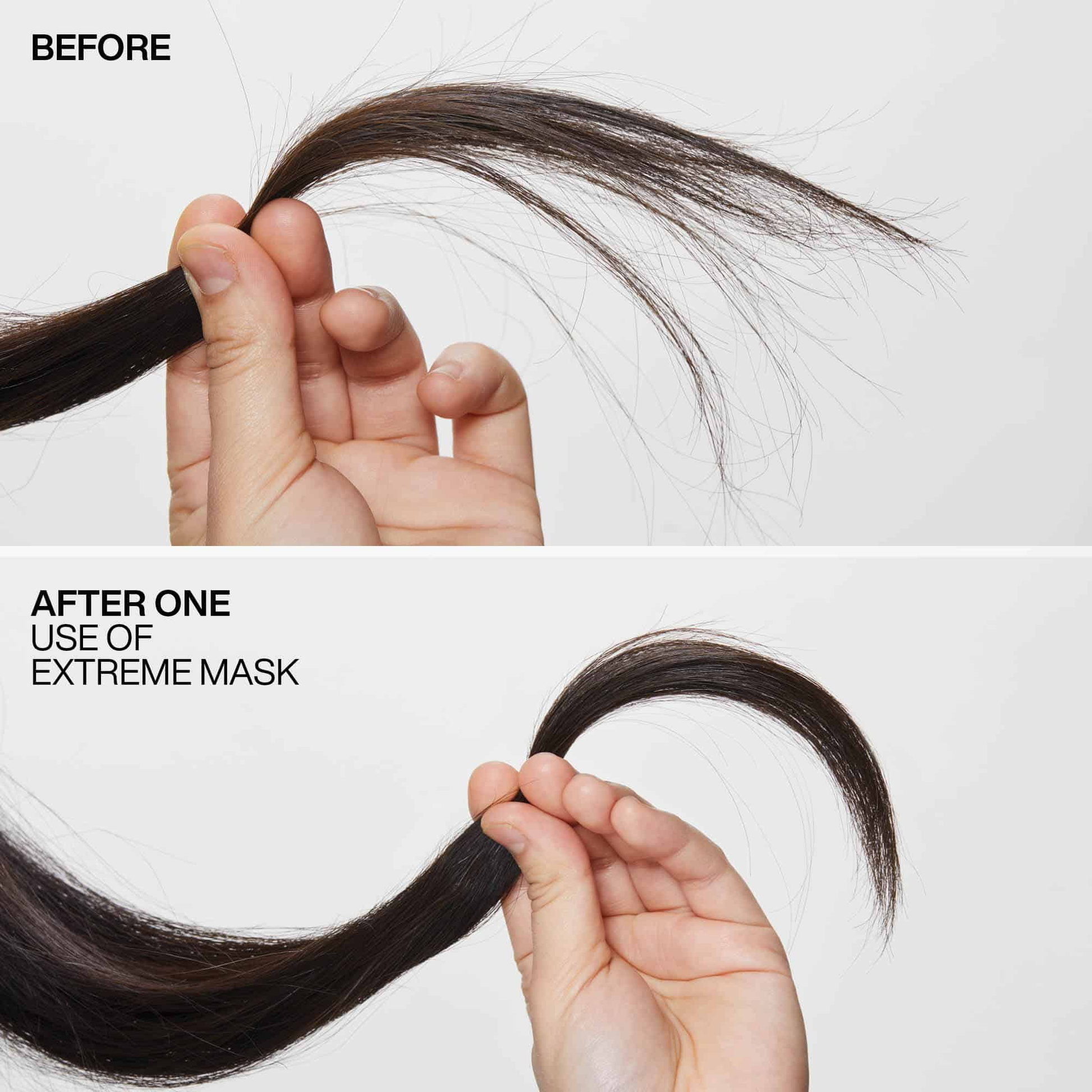 Before and after comparison of hair with an extreme mask treatment.