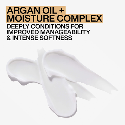 White argan oil and moisture complex on a white background with text about improved manageability and softness.
