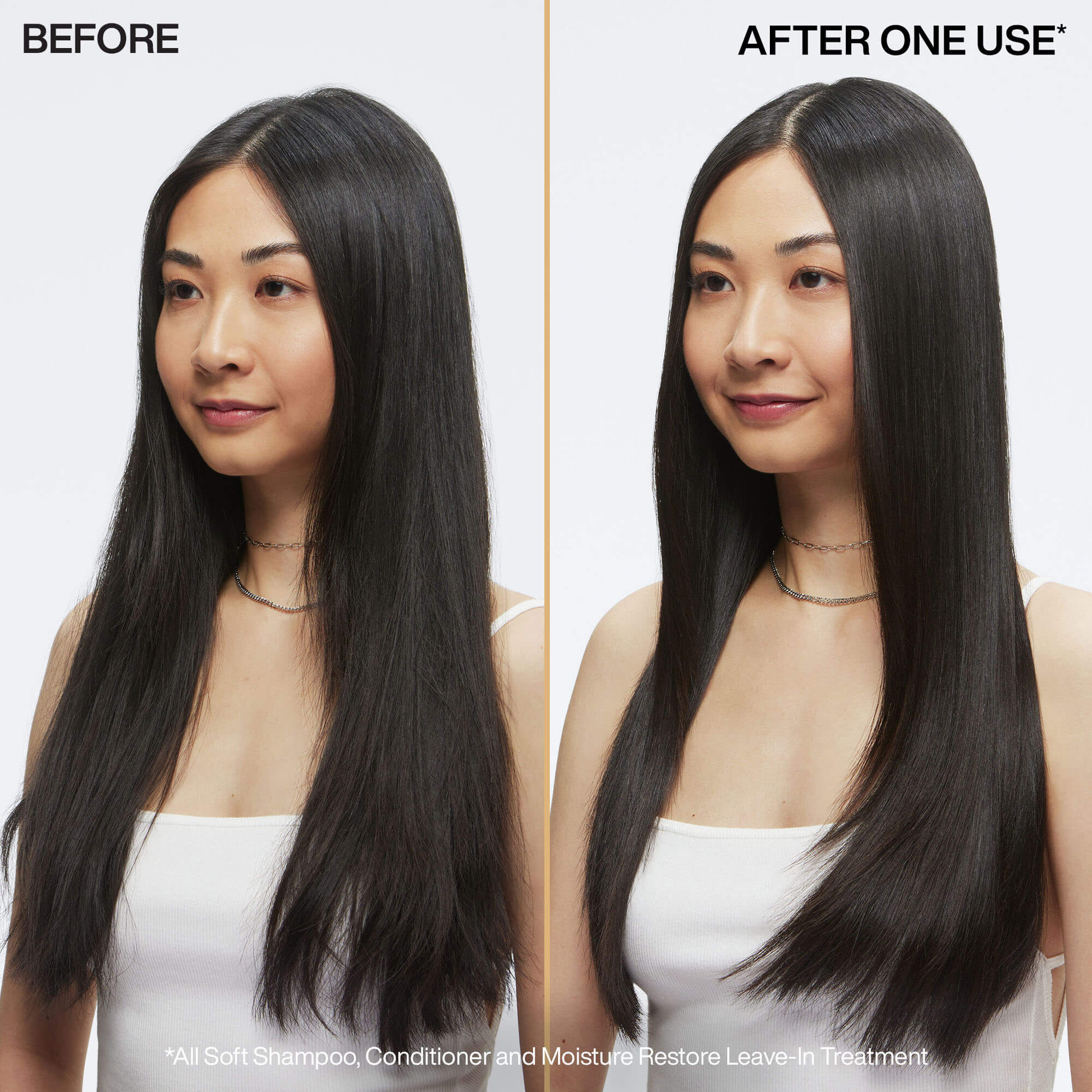 Before and after comparison of hair treatment on a woman with long black hair.