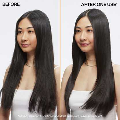 Before and after comparison of hair treatment on a woman with long black hair.