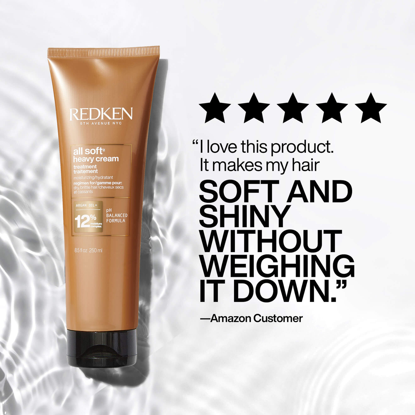 Redken hair care product with customer review on a white background
