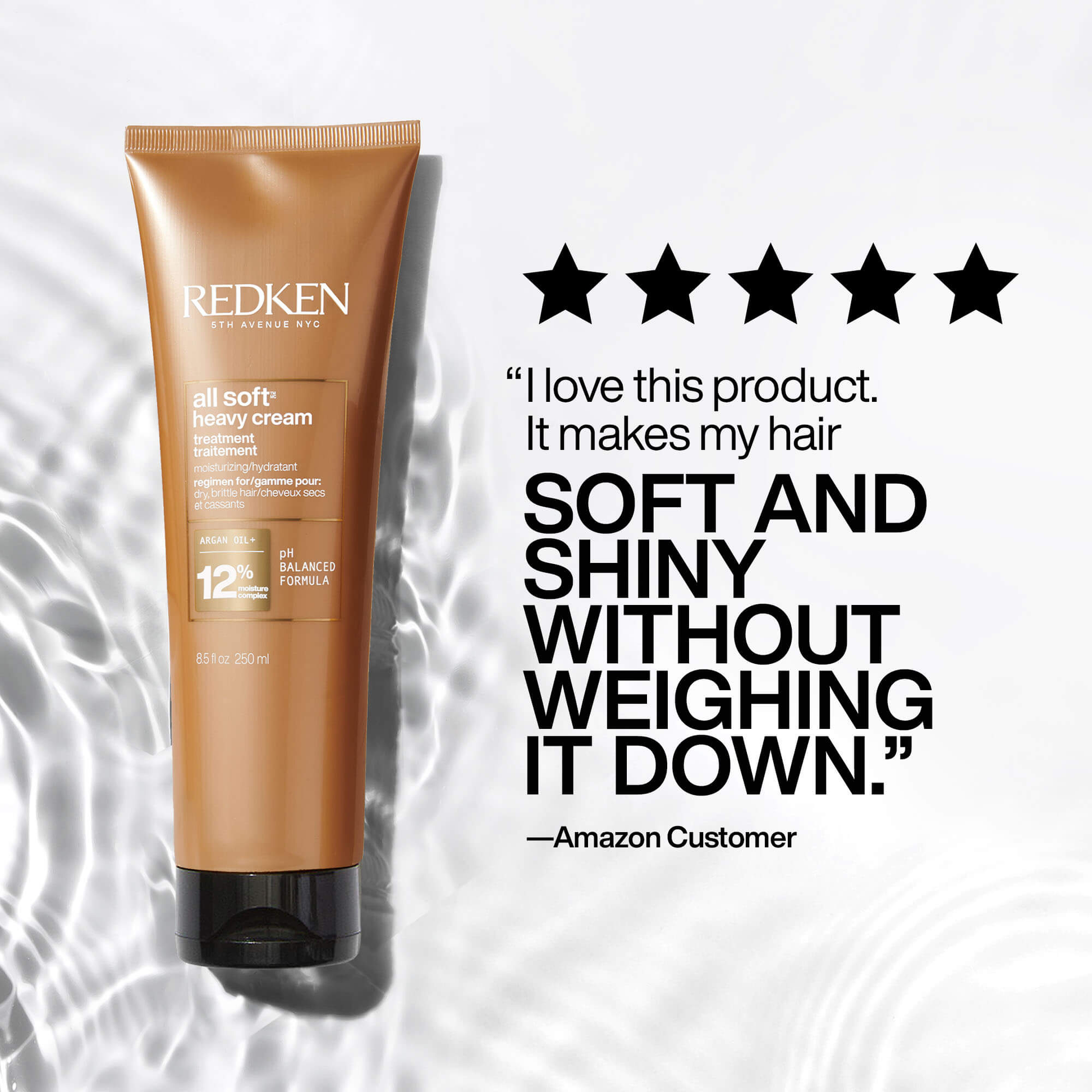 Redken hair care product with customer review on a white background