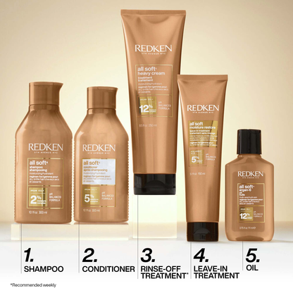 Redken hair care product lineup on a beige background
