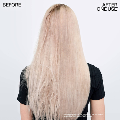 Before and after comparison of blonde hair with a white background