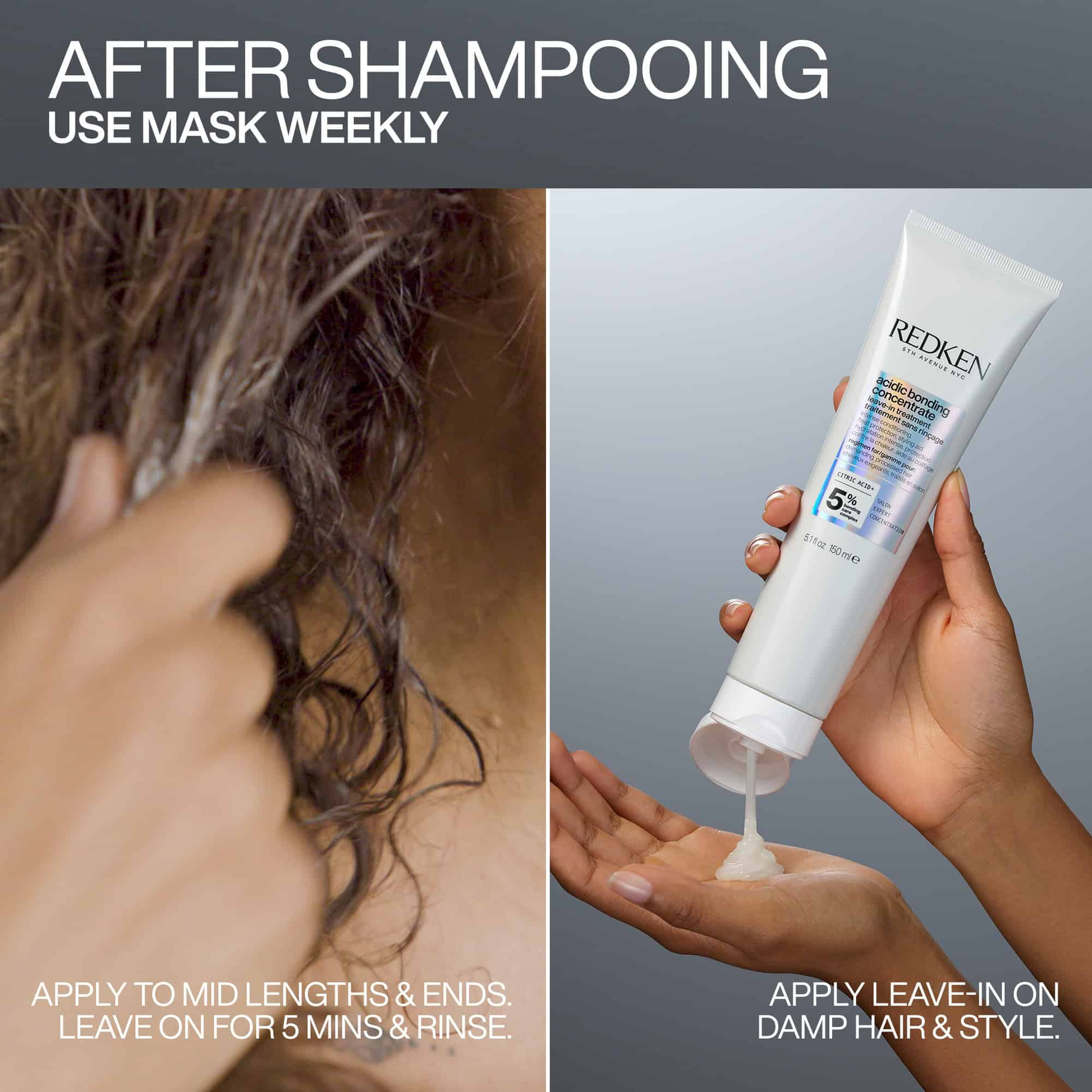 Redken hair mask application with text on using the product after shampooing.