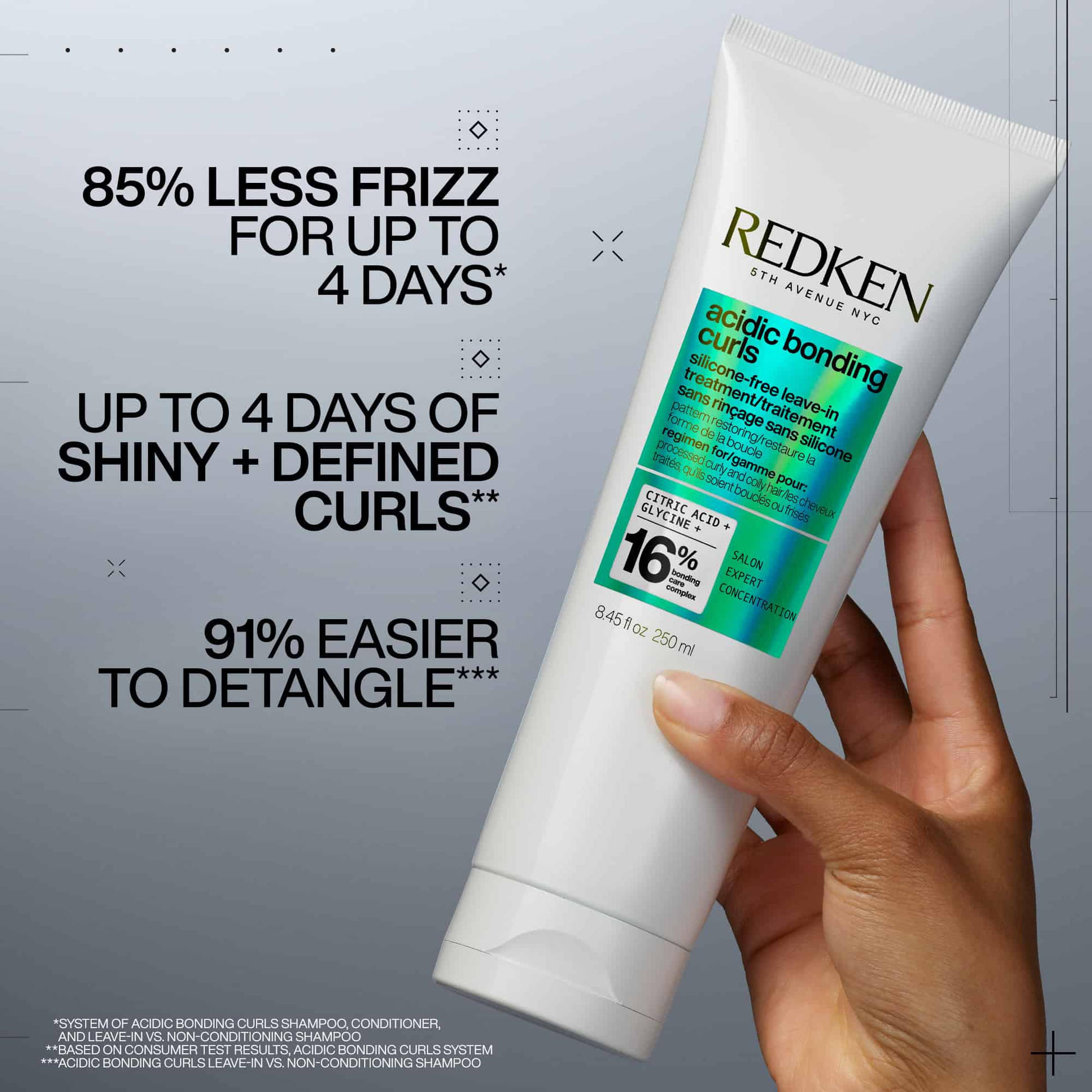 Redken hair care product with text highlighting benefits on a gray background