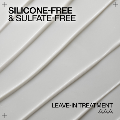Silicone-free and sulfate-free leave-in treatment with white lines on a light gray background