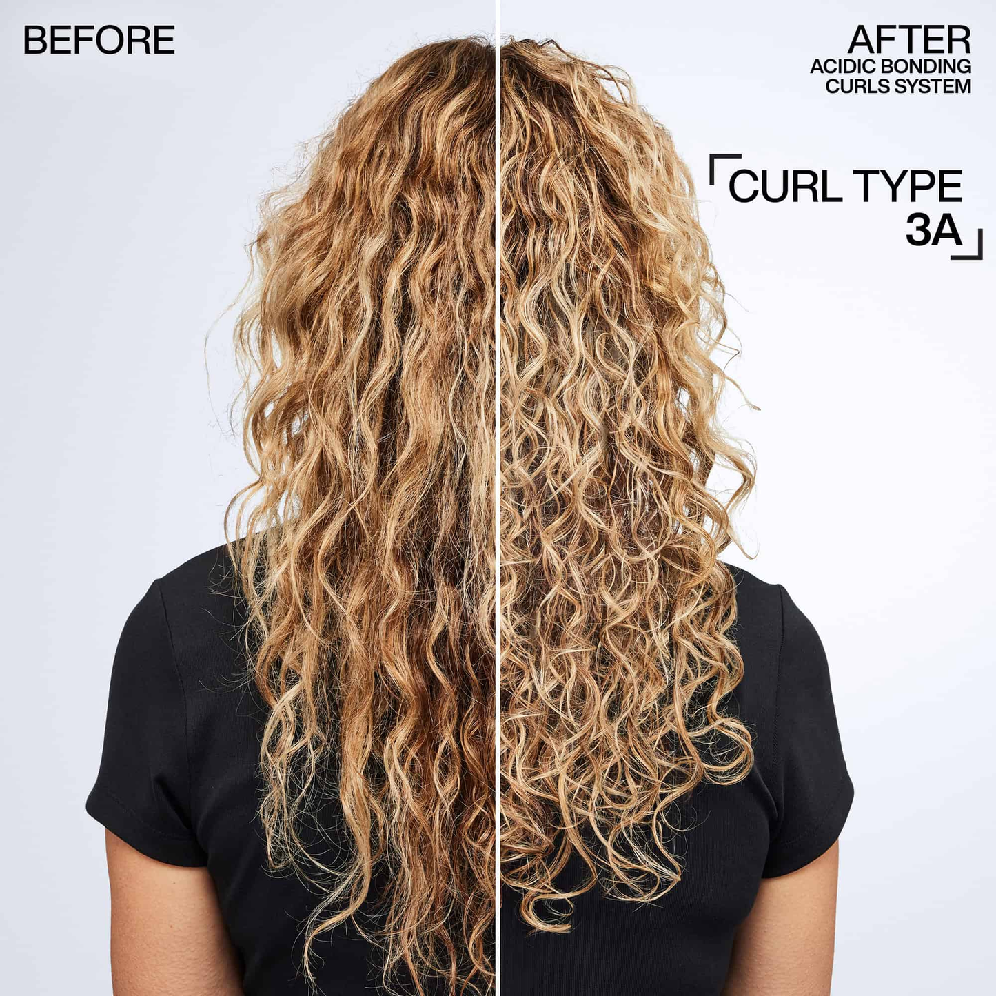 Before and after comparison of curly hair with text indicating a curl type system.