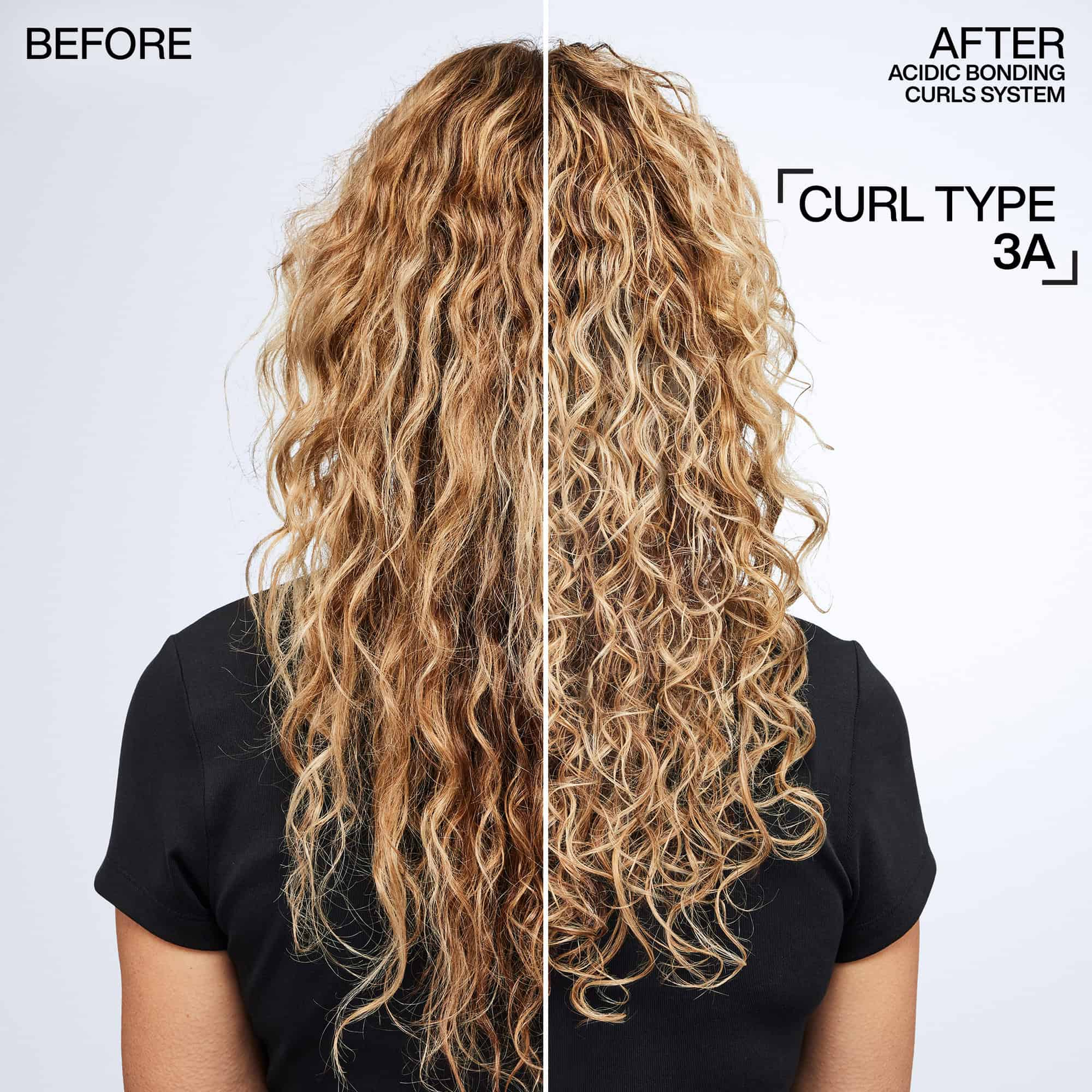Before and after comparison of curly hair with text indicating a curl type system.