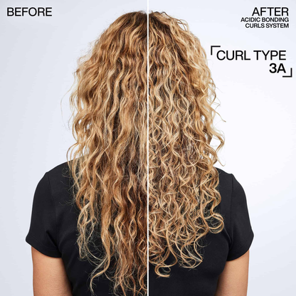 Before and after comparison of curly hair with text indicating a curl type system.