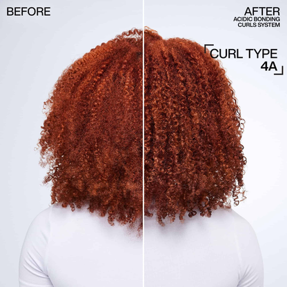 Before and after comparison of curly hair with text indicating a curl type 4A system.