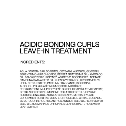 Ingredients list for an acidic bonding curls leave-in treatment on a white background