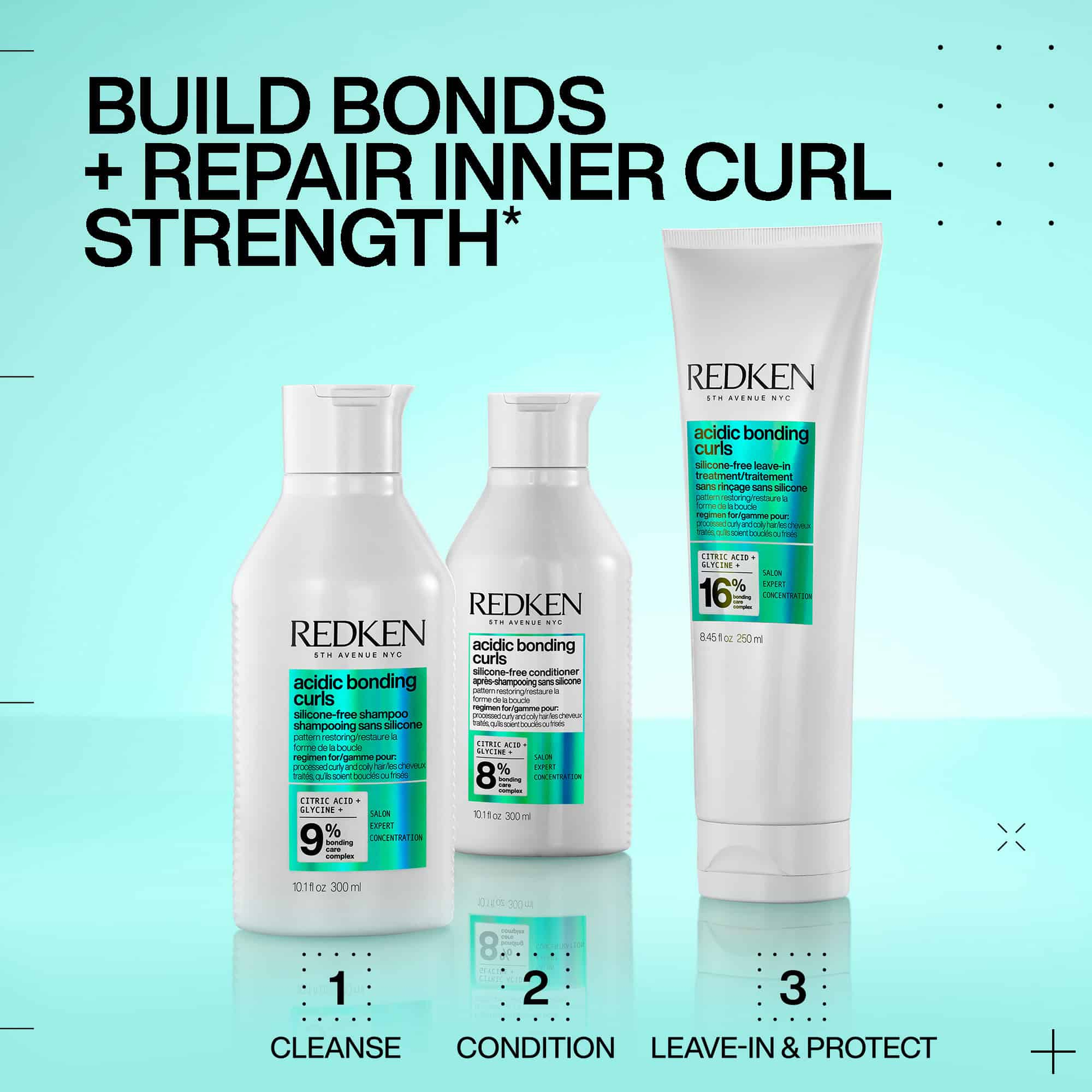 Redken hair care products with text on a light blue background