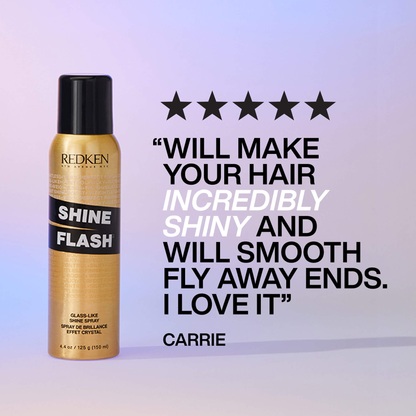 Redken Shine Flash hair spray bottle with customer review on a gradient background