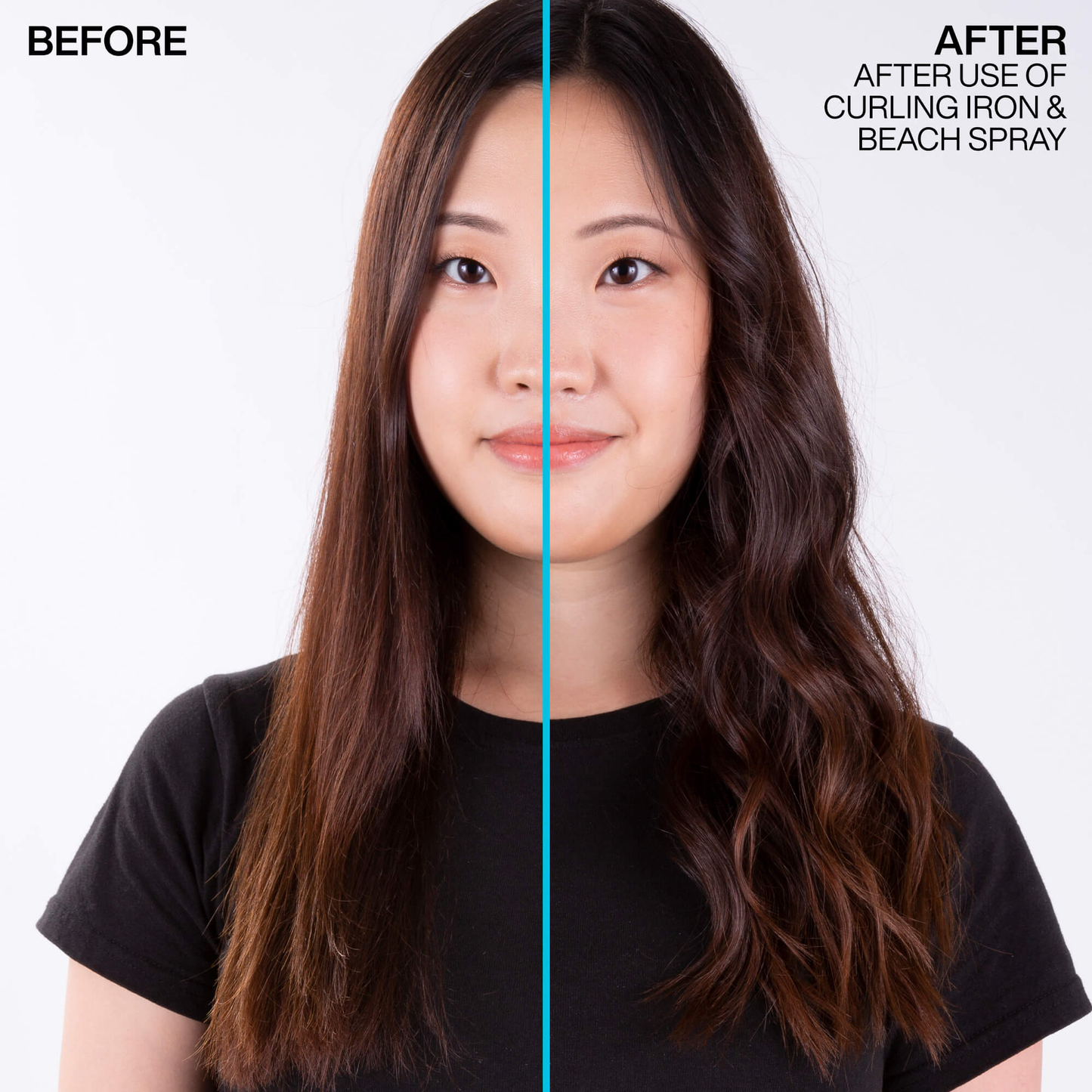 Before and after comparison of hair styled with a curling iron and beach spray.