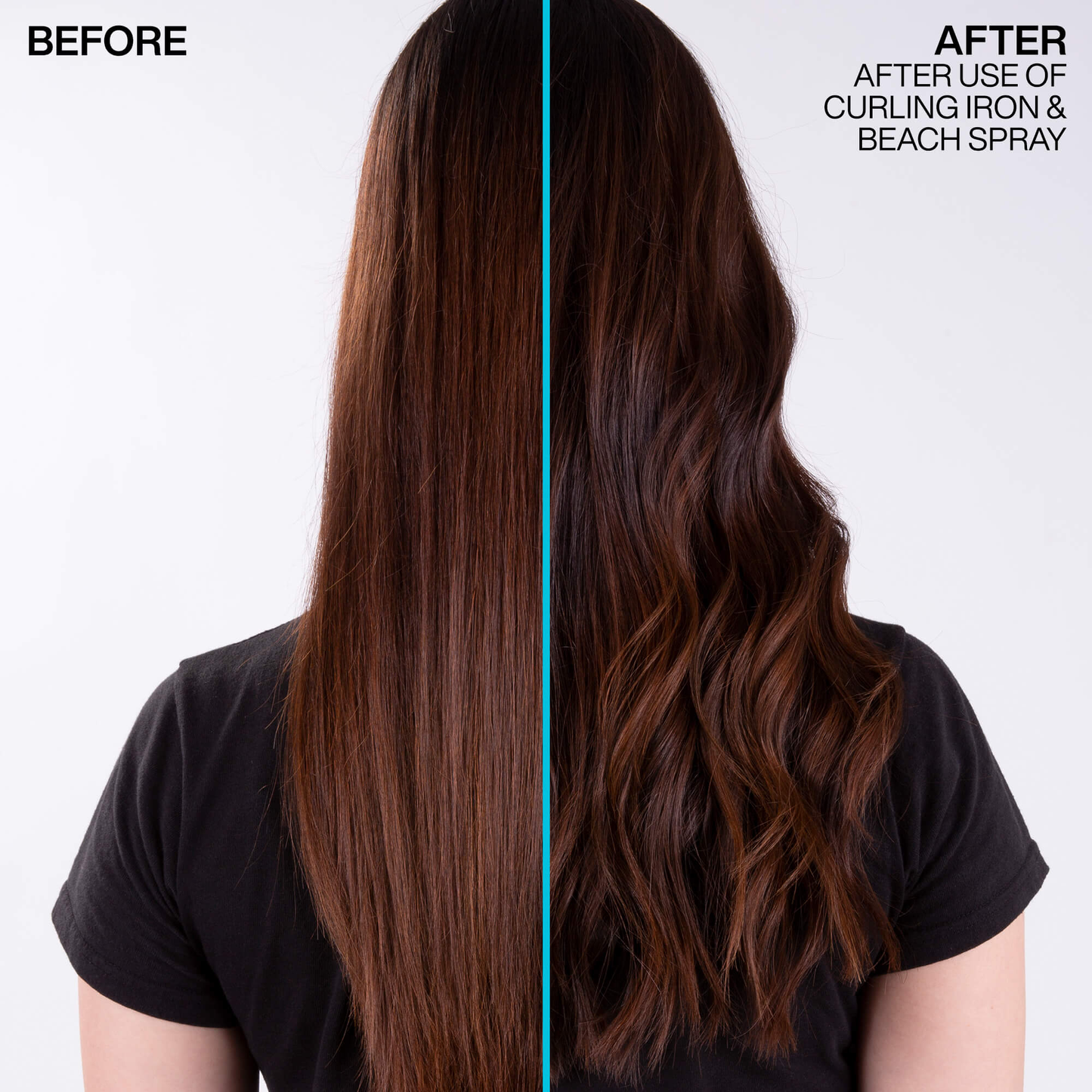 Before and after comparison of hair styled with a curling iron and beach spray.