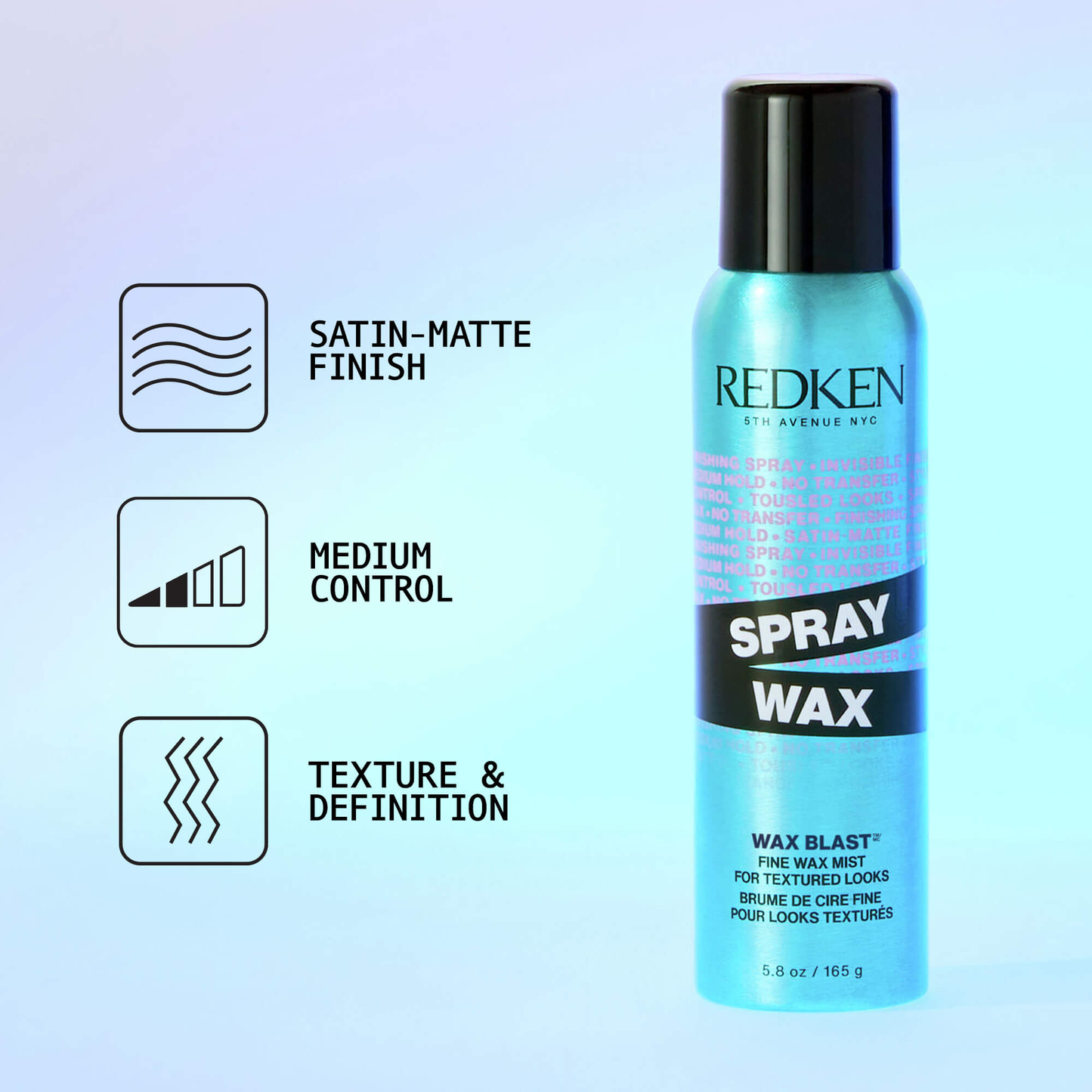 Redken spray wax bottle with features on a light blue background