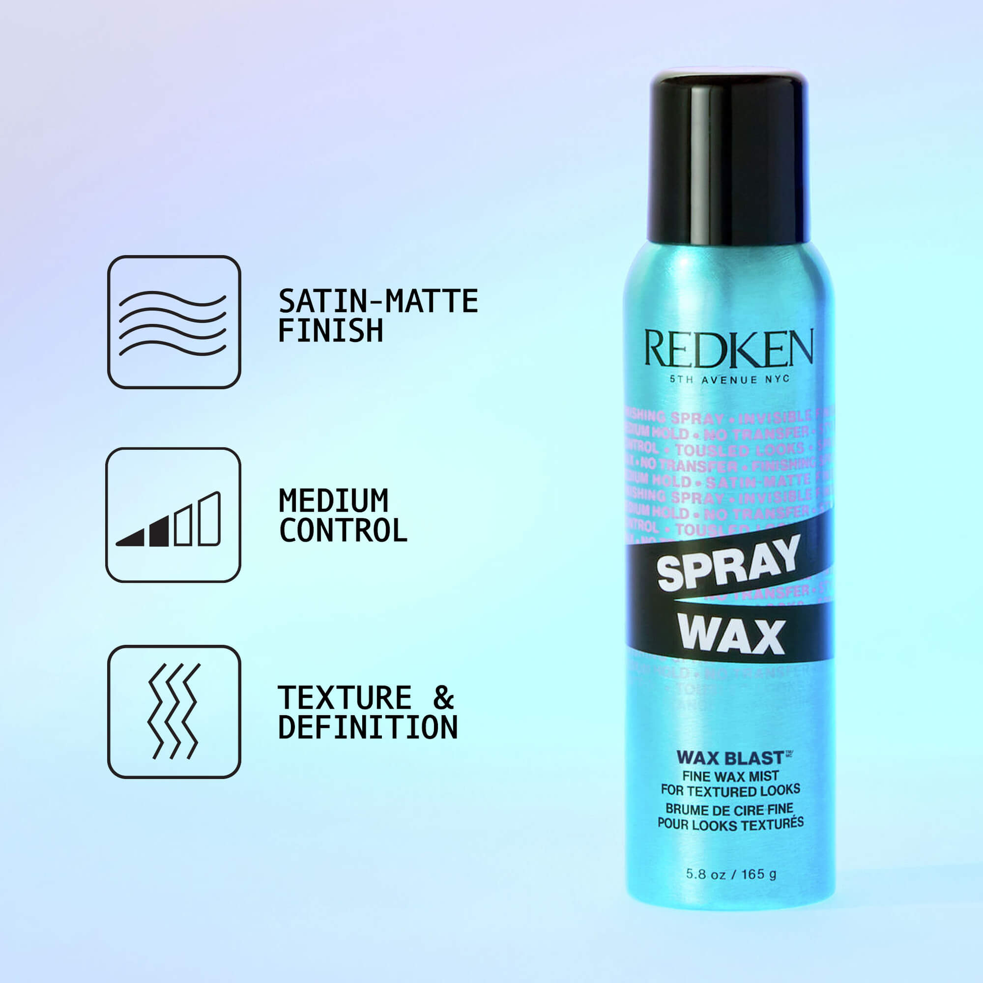 Redken spray wax bottle with features on a light blue background