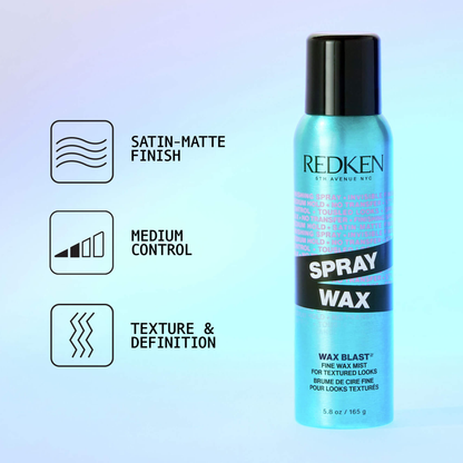 Redken spray wax bottle with features on a light blue background