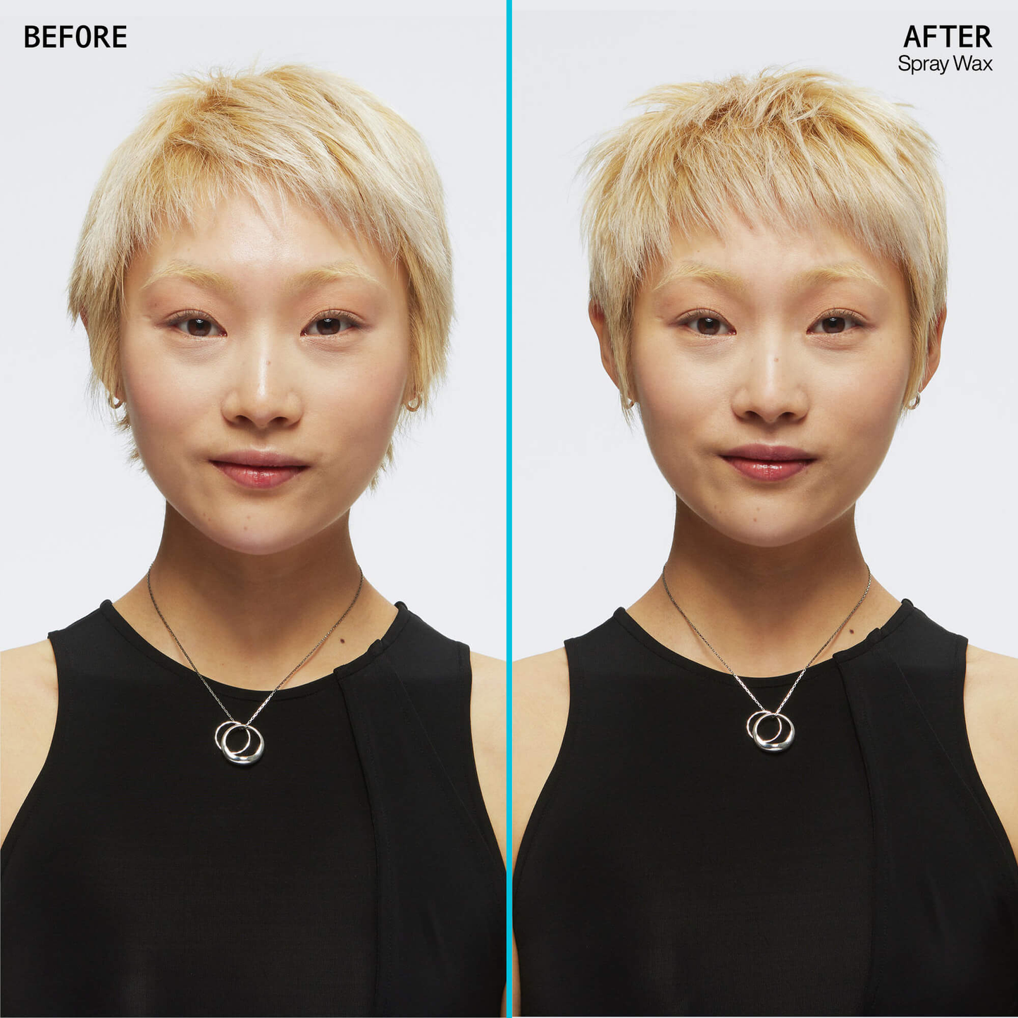 Before and after comparison of a person with blonde hair, wearing a black top and necklace.