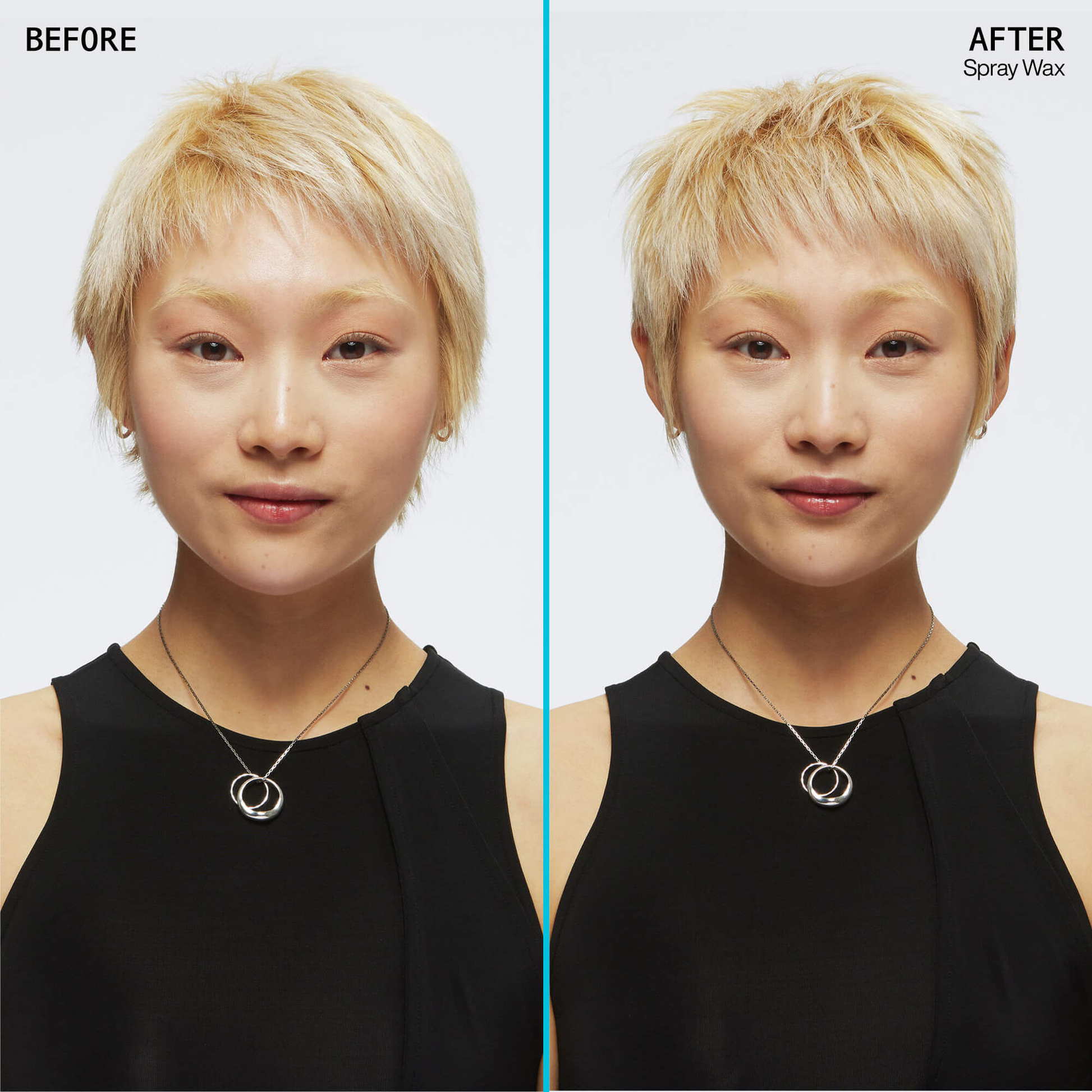 Before and after comparison of a person with blonde hair, wearing a black top and necklace.