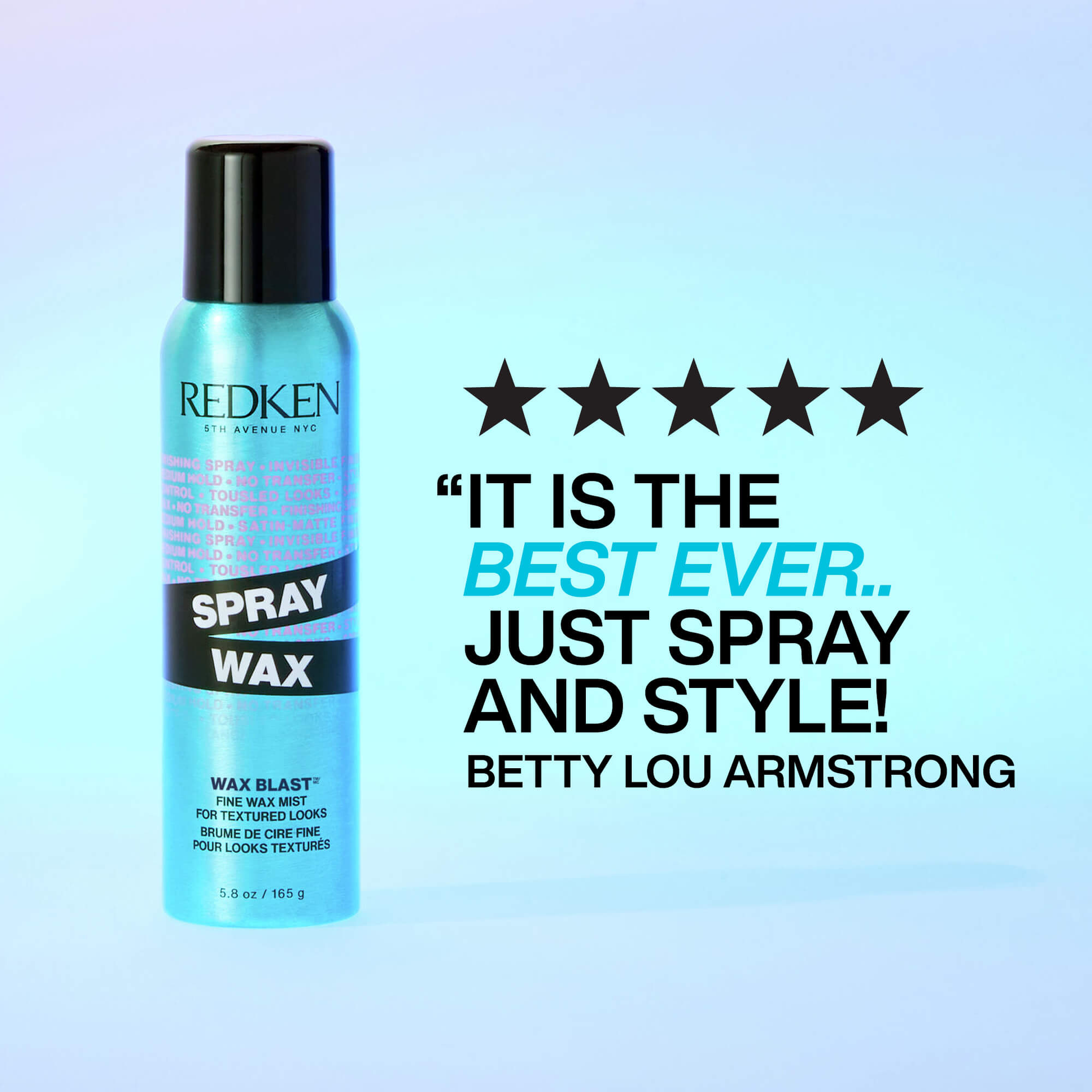 Redken spray wax bottle with five-star rating and positive review on a light blue background