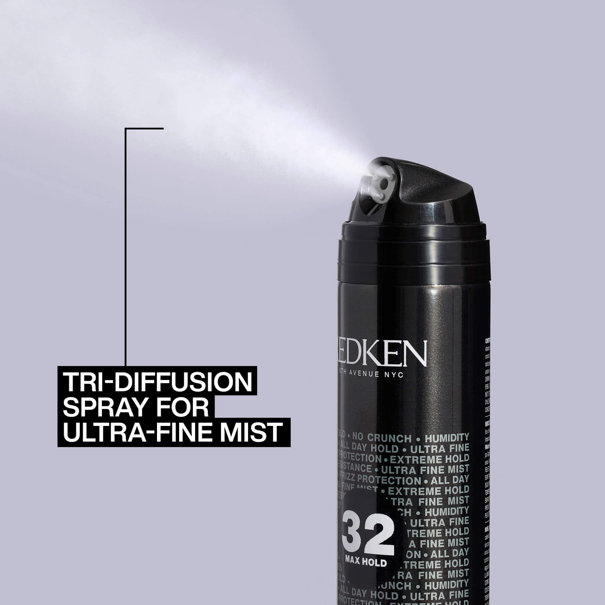 EDKEN hair spray can with mist being sprayed on a light gray background