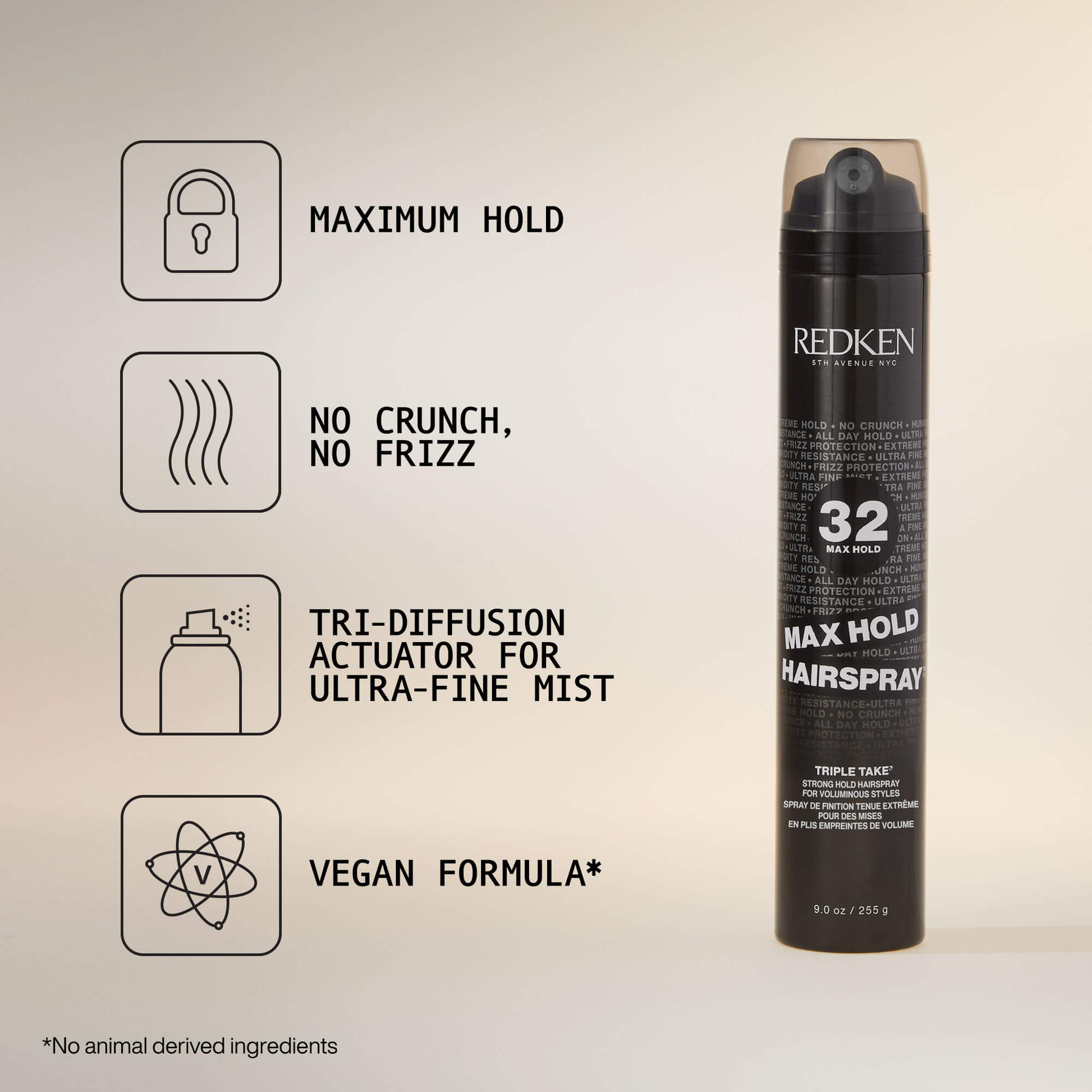 Redken hairspray with features listed on a beige background