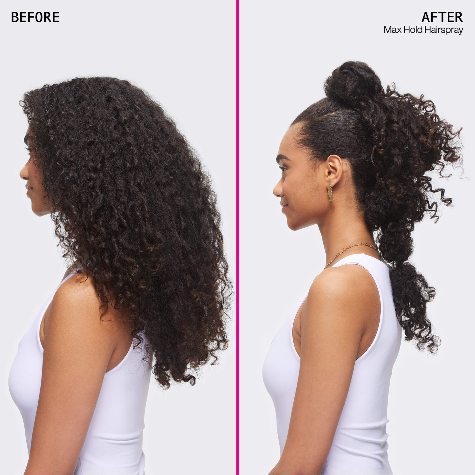 Before and after comparison of hair using Max Hold Hairspray on a white background
