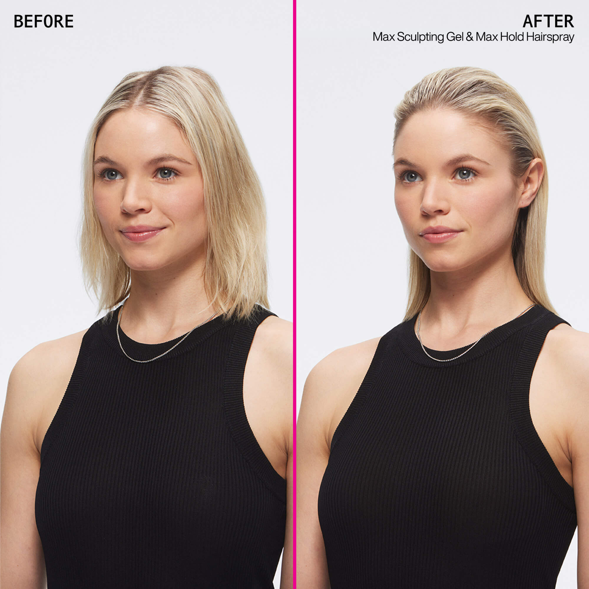 Before and after comparison of a woman with styled hair using Max Sculpting Gel and Max Hold Hairspray.