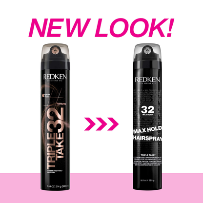 Two Redken hair spray bottles with 'NEW LOOK!' text on a pink background
