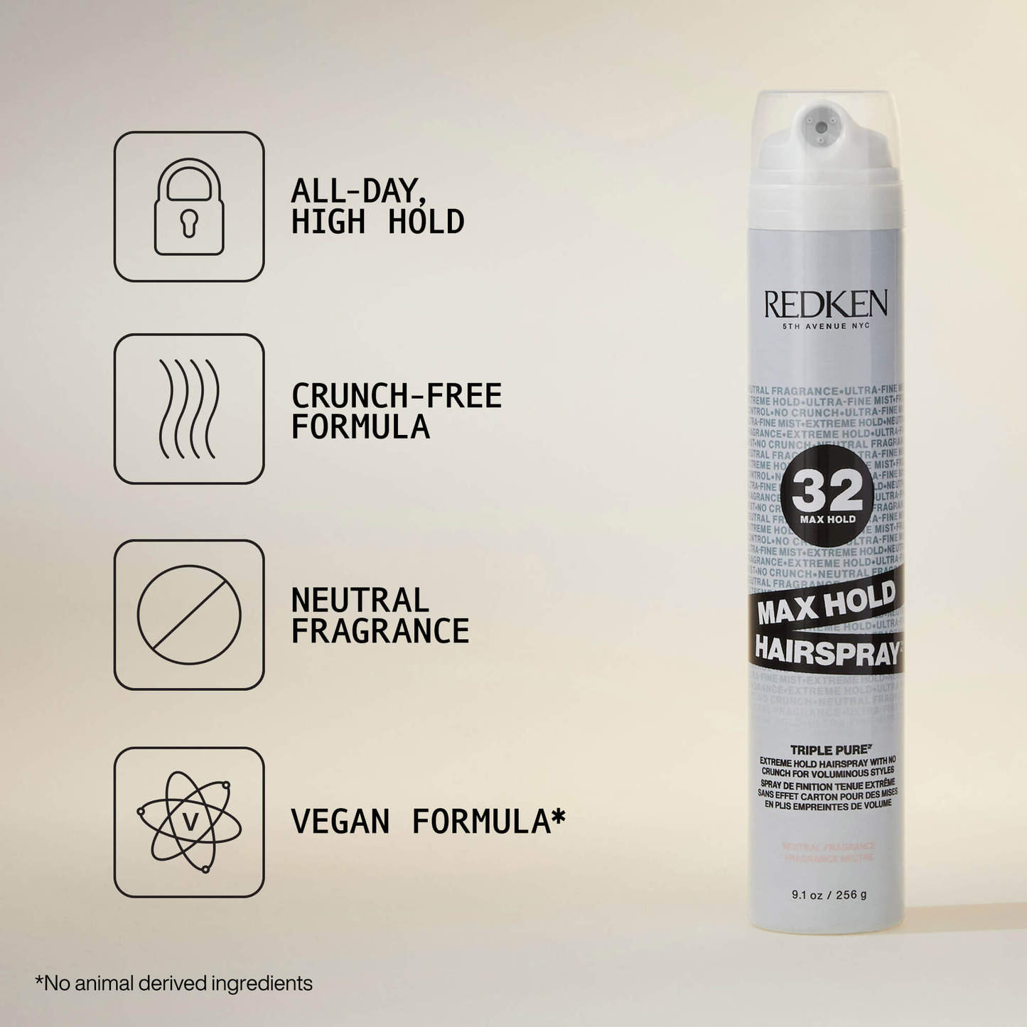 Redken hairspray with features listed on a light gray background